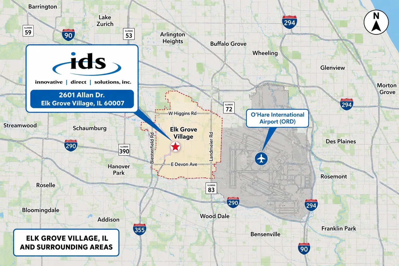 Map showing IDS location in Elk Grove Village, IL near O'Hare Airport